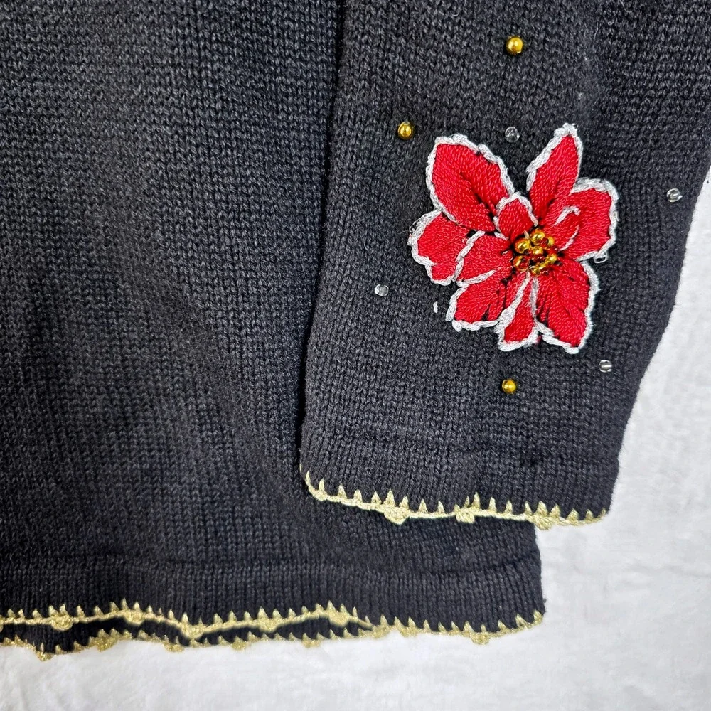 Vintage Reference Point Christmas Poinsettia Beaded Embroidered Cardigan Sweater